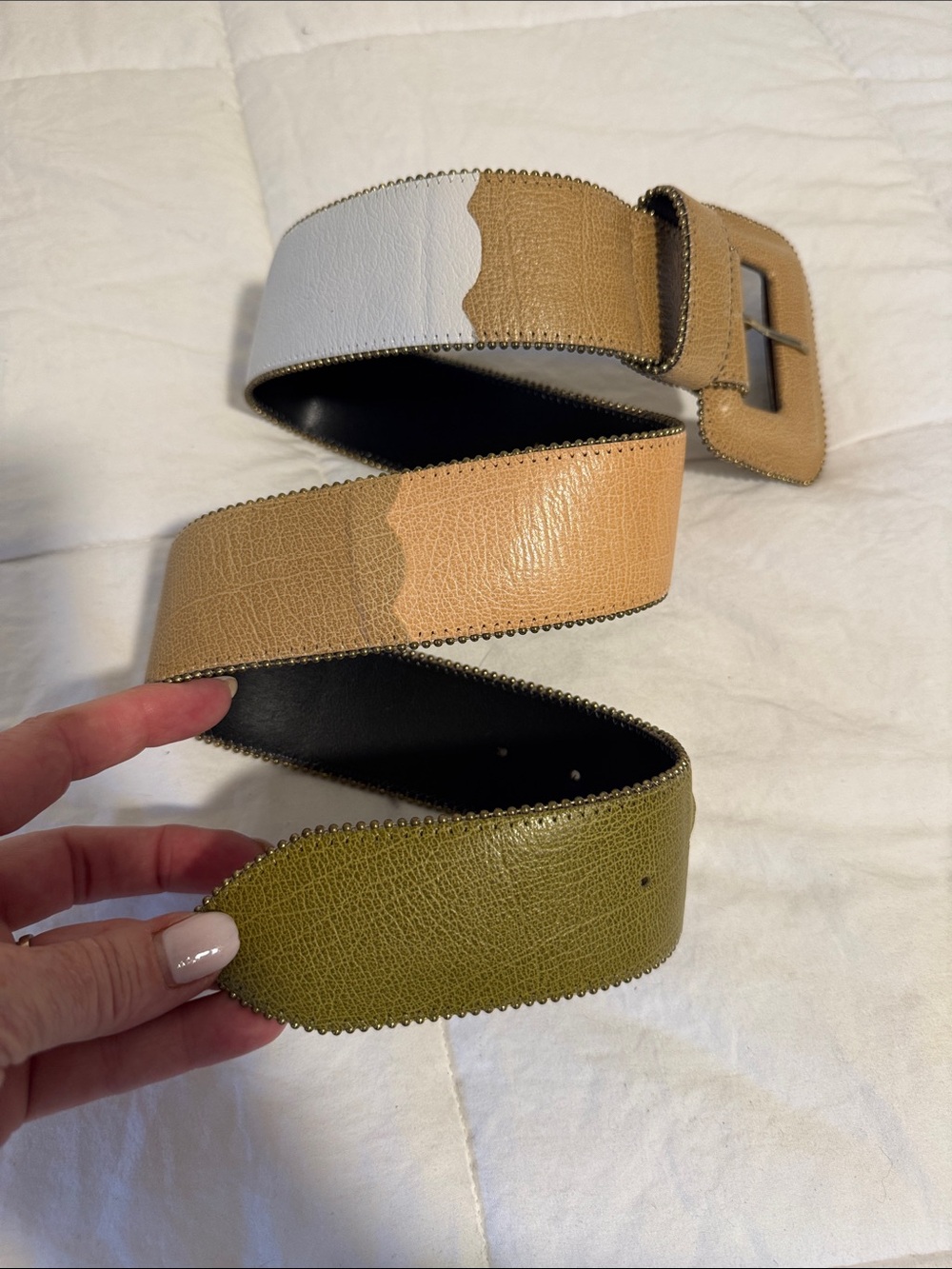 Vintage Sandy Duftler Designs 1999 Wide Leather Statement Belt Tan White Olive - Picture 3 of 10